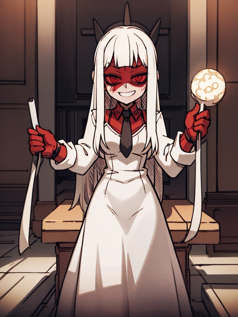 Score_9, score_8_up, score_7_up, score_6_up, gyaru, source_anime, 1girl, solo, macabre and sinister woman, long hair that covers the eyes, sinister and macabre smile, Eyes red, short white dress.