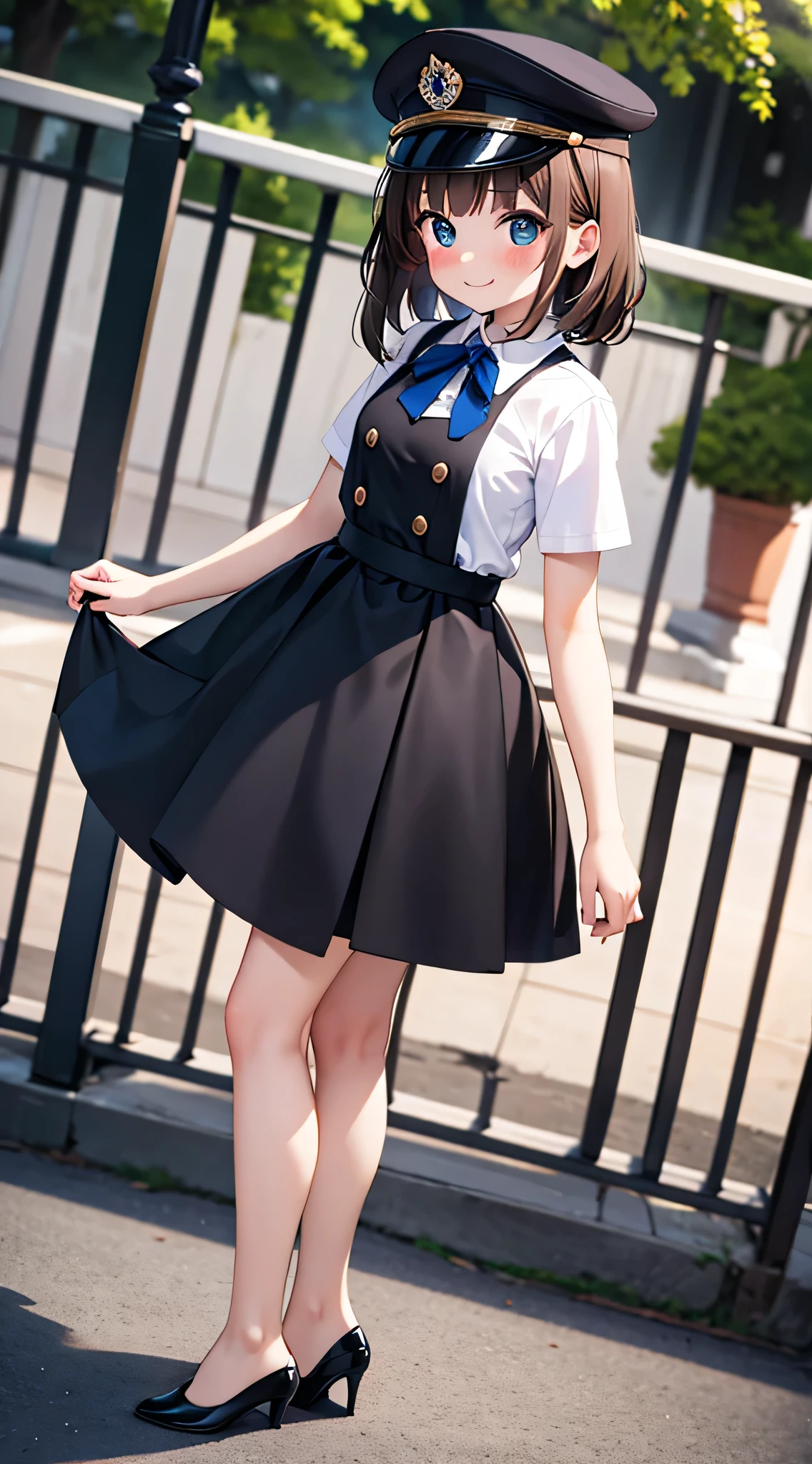{Highest quality}, {Super beautiful},{Ultra fine},{Best illustration},Brown Hair,Hime cut,semi-long,Bangs,Standing Woman,Uniform cap,White Shirt,Short sleeve,Long black skirt,Night Park,Embarrassed,smilingly,Blushing,Slender women, A woman wearing plain black pumps,Bare feet and pumps,From an angle,From above