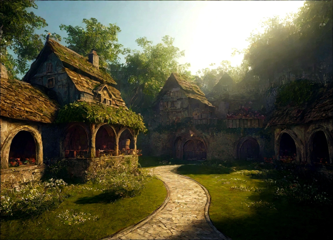 A breathtaking, high-contrast cinematic 8K 3D Disney-style rendering, a panoramic view of a fairy-tale village nestled in a lush forest with dens , . The dens are build in the middle of ancient trees giving then fresh air and shadow. Around the dens, vegetable gardens and gardens full of multicolored flowers and paths lined with grass and multicolored flowers