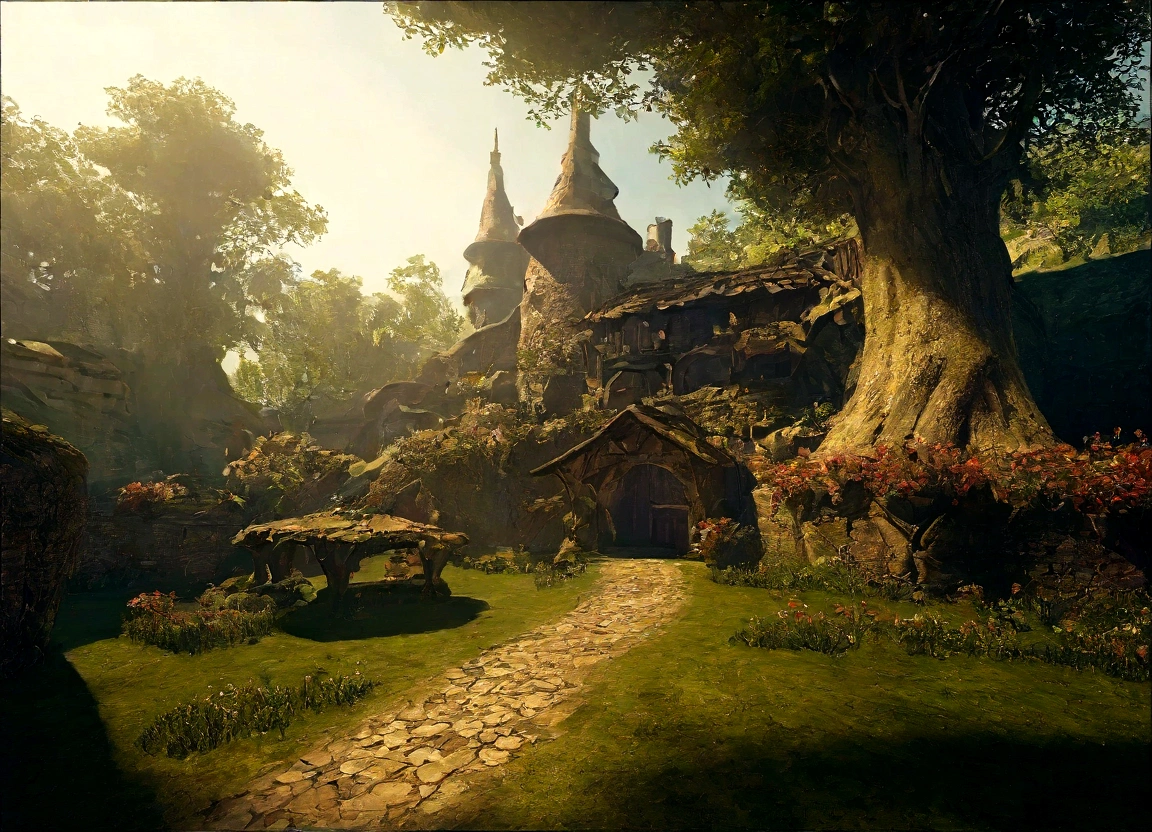 A breathtaking, high-contrast cinematic 8K 3D Disney-style rendering, a panoramic view of a fairy-tale village nestled in a lush forest with dens , . The dens are build in the middle of ancient trees giving then fresh air and shadow. Around the dens, vegetable gardens and gardens full of multicolored flowers and paths lined with grass and multicolored flowers