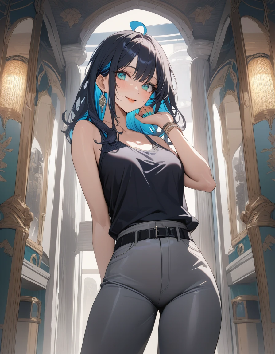 (Highest quality:1.2, three-dimensional, High Detail, masterpiece:1.2, Best aesthetics), (1 girl), Beautiful woman, Beautiful detailed eyes, Beautiful detailed lips, Highly detailed face, Delicate depiction of hair and eyes, Detailed Fashion, (detailed background:1.2) ((Portraiture, Cowboy Shot)), Aqua Eye, huge ahoge, Mouth open, Earrings, View your viewers, breasts, upper body, full body from knees to head, gaze away, gaze into the distance, smile lightly, fancy nails, in Sibuya city, bracelet, long hair, color inner hair, dark blue hair, tight tank-top, gray slacks, belt