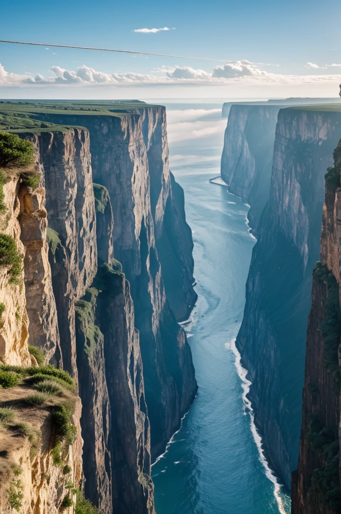 Two cliffs in front of each other the size of mountains with a very long rope hanging from end to end of each cliff with thin clouds around them and with a void below