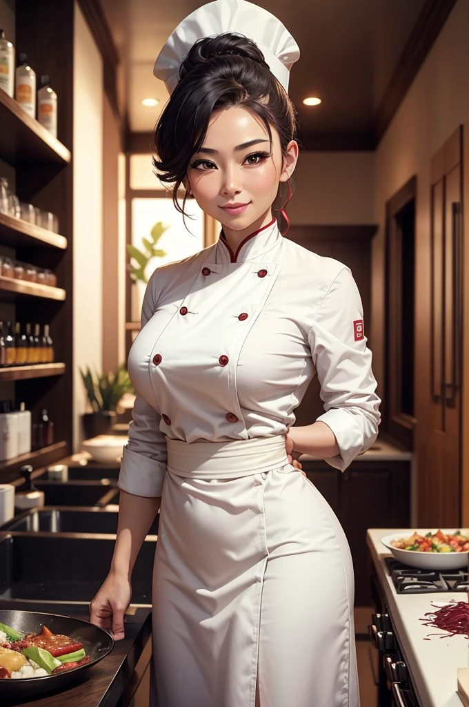 Young Japanese women, chef, hiar tied into a messy bun, sad eyes, tight messy clothes, no bra under her shirt, exhausted, sexy, nsfw