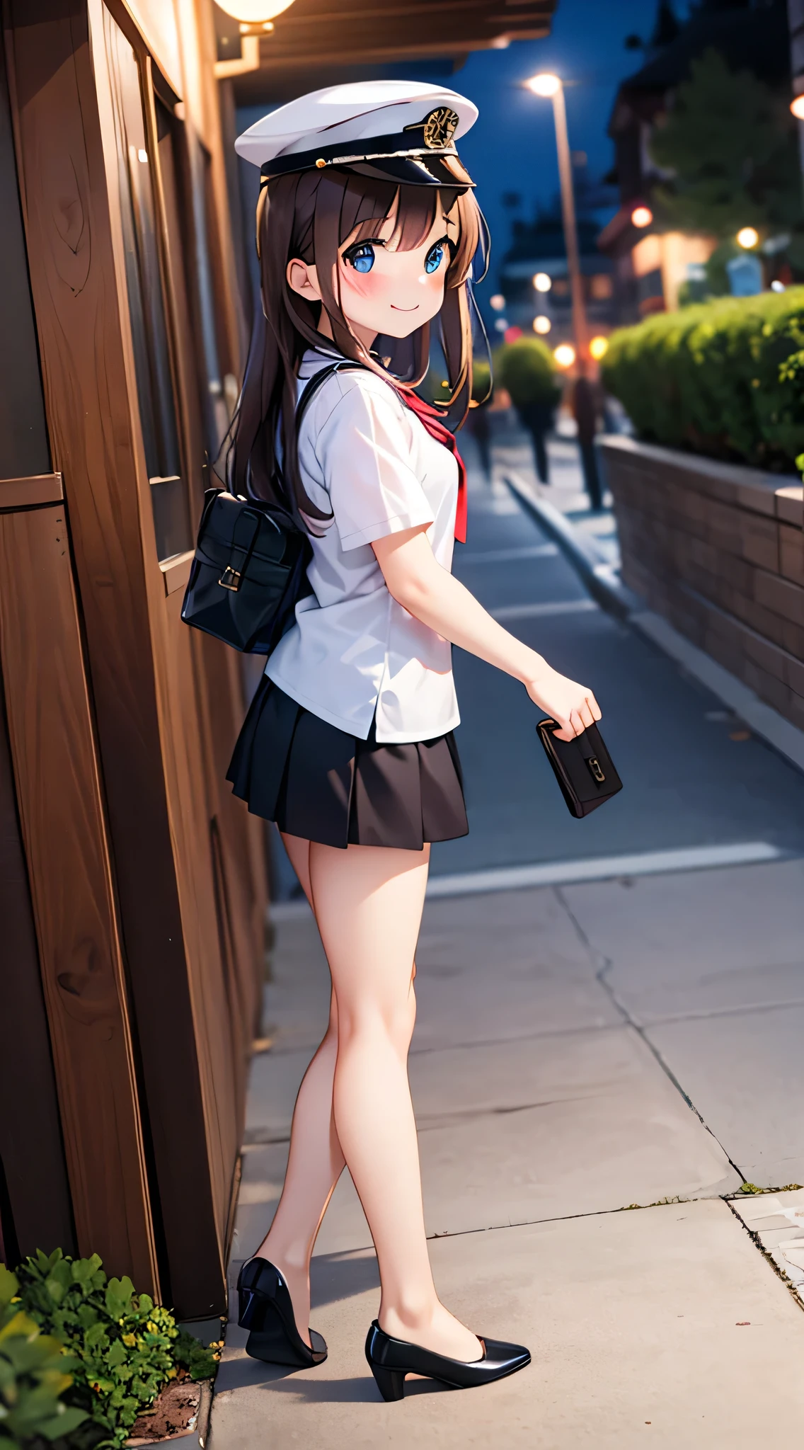 {Highest quality}, {Super beautiful},{Ultra fine},{Best illustration},Brown Hair,Hime cut,semi-long,Bangs,Standing Woman,Uniform cap,White Shirt,Short sleeve,Long black skirt,Night Park,Embarrassed,smilingly,Blushing,Slender women, A woman wearing plain black pumps,Bare feet and pumps,From an angle,From above