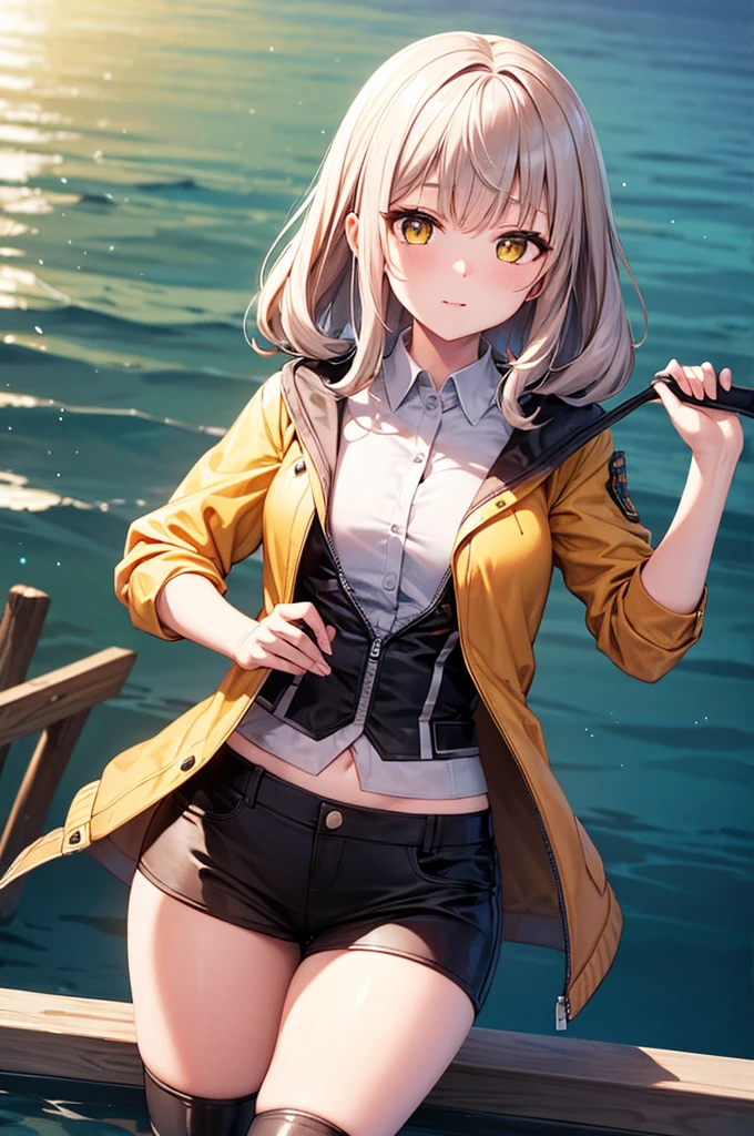 Medium Shot, Medium Shot, Depth of written boundary, bust, Cowboy Shot、 Movie angle, masterpiece, Highest quality, Very detailed, CG, 8k wallpaper, Pretty face, Delicate eyes, alone, Long white hair, Yellow Eyes, hairpin, White shirt, black hooded jacket, Black Stockings, Black knee-high boots, sunset, 中世のport, port, Detailed water surface, Sun reflection