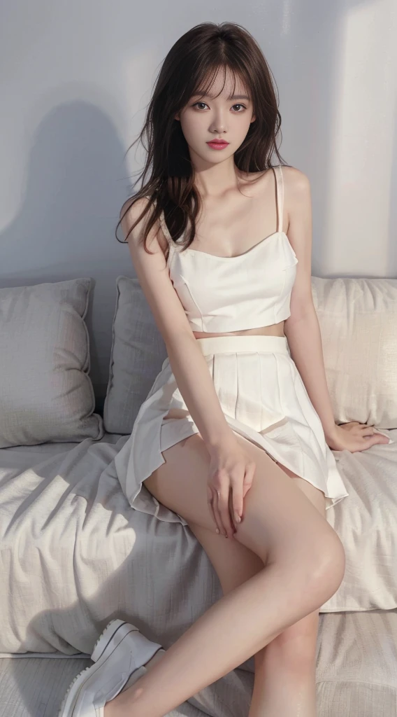 Masterpiece, Ultra-realistic quality, (1 girl), (Young woman), Chinese girl, (Mature face), face clean, Realistic face, (Perfect face), Delicate face, Fair skin, sitting in the couch, Long legs, (curly), Short hair, Brown hair, with hands resting on knees, Sling, No bra, (average breasts) ,( exposed), No panties, (( Minola)),(has cleavage), Mini dress, (White skirt) HD quality, Realistic picture quality, Real Human, Long legs, Ultra HD rendering, Accurate, Textured skin, High detail, High quality, Very detailed, high resolution, 8K, Photo, Photography, ridiculous