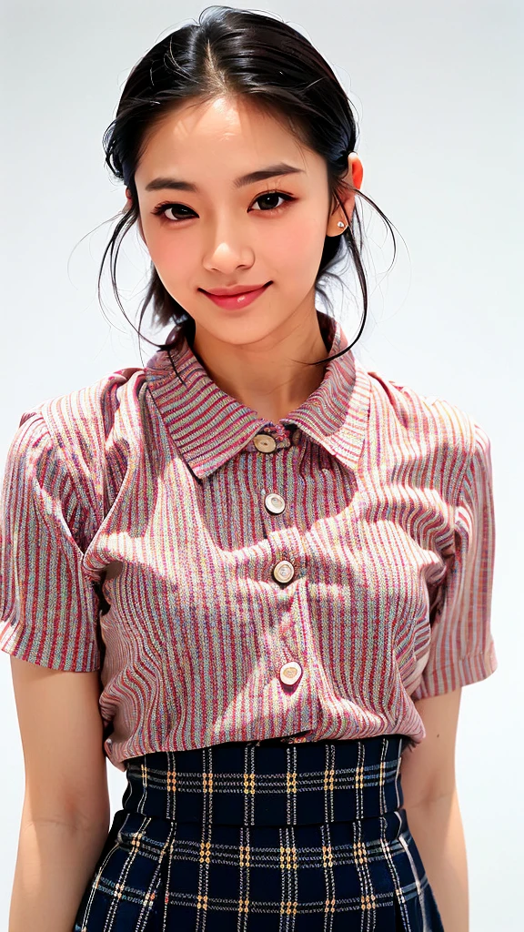 (1 woman:1.99)、(Wide forehead、Very short hair、Very small amount of hair、Forehead、Fuji frame:1.1)、Sunburn、17 years old、Naughty、Happy expression、満面のsmile、Weakness、love、I feel very comfortable alone、(Checkered Skirt),((Very sleepy、Improves skin texture,smile、Narrow eyes、Very weak eyesight、Very weak eyeliner、Eyes slightly closed、I know the shape of your head、Oval Face))、(slicked back hair:1.25)、Photographic, Raw photo, Mastepiece, Highly detailed photos, Digital SLR, Photo-realistic 1.4, Super hello nothing, Best Quality,(standing、tilting your head、whole body:1.7)