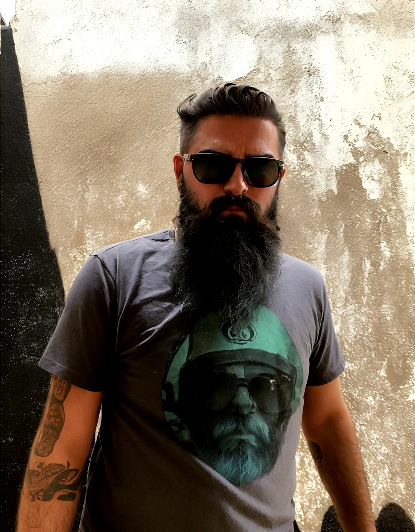 man with long beard, short hair wearing sunglasses