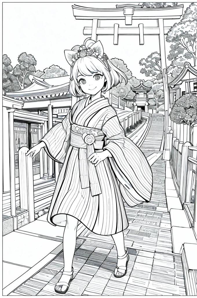 As a coloring book, the color should be black and white, the border should be simple, clear, and bold. A cheerful Asian girl with bright eyes and a mischievous smile is playfully posing in front of the iconic [Fushimi Inari-taisha Shrine] in Kyoto, Japan. She is dressed in a vibrant [kimono with fox pattern], the bold orange and white colors complementing the vermilion torii gates that line the path. The girl's hands are clasped in a playful gesture, and her hair is adorned with a traditional [kanzashi hair ornament].