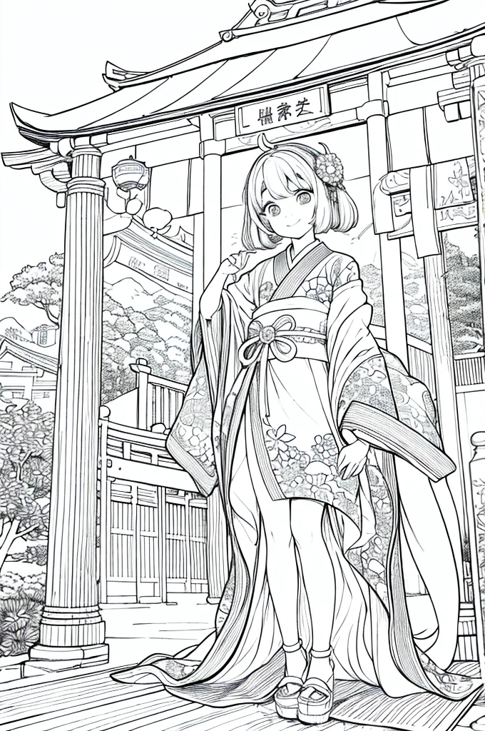 As a coloring book, the color should be black and white, the border should be simple, clear, and bold. A cheerful Asian girl with bright eyes and a mischievous smile is playfully posing in front of the iconic [Fushimi Inari-taisha Shrine] in Kyoto, Japan. She is dressed in a vibrant [kimono with fox pattern], the bold orange and white colors complementing the vermilion torii gates that line the path. The girl's hands are clasped in a playful gesture, and her hair is adorned with a traditional [kanzashi hair ornament].