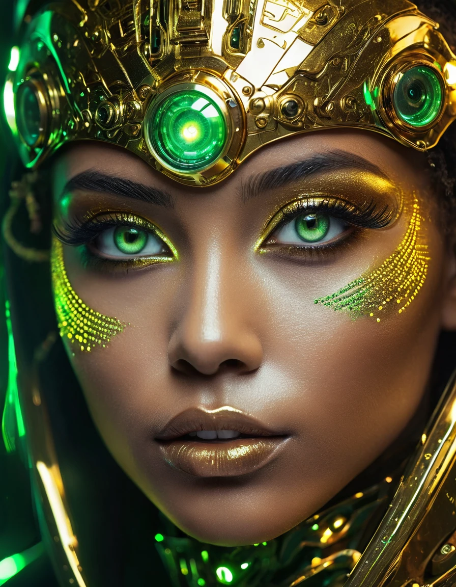close-up of a woman with green eyes and golden makeup, cyberpunk art, вдохновленный WLOP, trends on CGSociety, Afrofuturism, Brilliant eyes!! difficult, metal and Brilliant eyes, glowing green eyes, green Brilliant eyes, glowing golden eyes, Rossris | Afrofuturism, glowing magic eyes, With golden eyes, golden shining eyes, magical Brilliant eyes