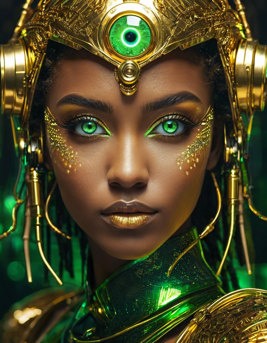 close-up of a woman with green eyes and golden makeup, cyberpunk art, вдохновленный WLOP, trends on CGSociety, Afrofuturism, Brilliant eyes!! difficult, metal and Brilliant eyes, glowing green eyes, green Brilliant eyes, glowing golden eyes, Rossris | Afrofuturism, glowing magic eyes, With golden eyes, golden shining eyes, magical Brilliant eyes