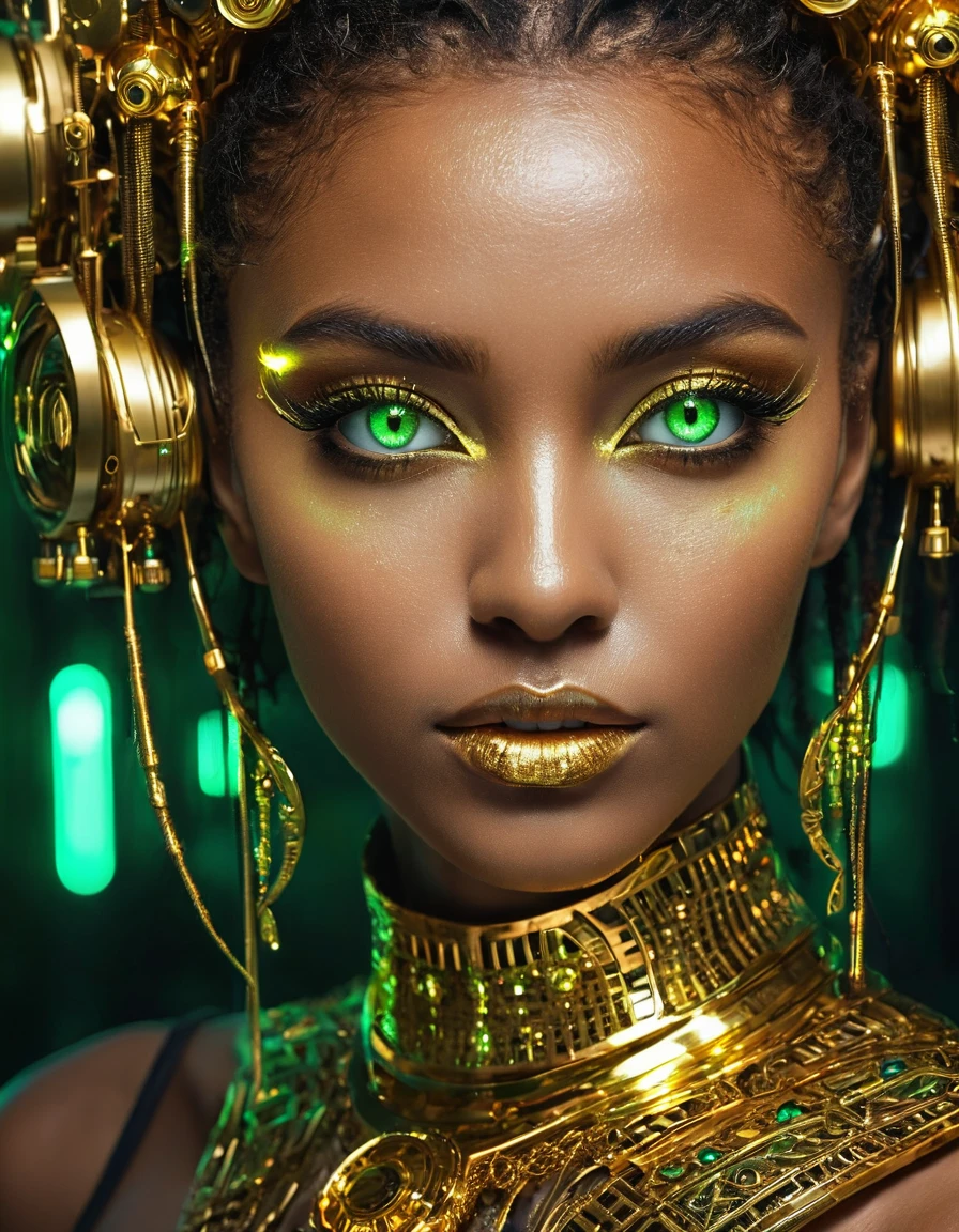 close-up of a woman with green eyes and golden makeup, cyberpunk art, вдохновленный WLOP, trends on CGSociety, Afrofuturism, Brilliant eyes!! difficult, metal and Brilliant eyes, glowing green eyes, green Brilliant eyes, glowing golden eyes, Rossris | Afrofuturism, glowing magic eyes, With golden eyes, golden shining eyes, magical Brilliant eyes