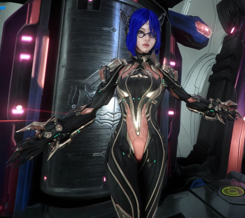 there is a woman in a futuristic suit standing in a room, of a beautiful female warframe, girl with mecha cybernetic armor, sharp silver armor fuchsia skin, cyber suit, dressed in cybernetic armor, diverse cyber suits, cyber suits, Exoskeleton Armor, thick, smooth warframe thighs, de um lindo warframe saryn, detailed warframe