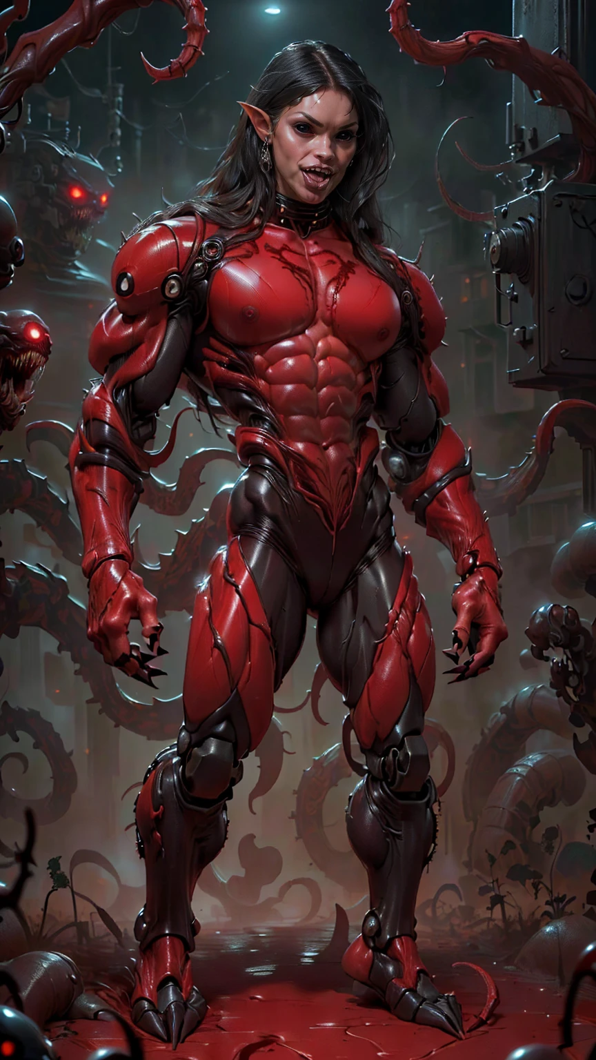 (((beautiful girl face))), (((megan fox as a beautiful vampiric girl with a muscular red carnage body))), (((red carnage anatomic muscular bio-mecha muscle suit))), (((body totally covered in muscles, veins, tendons))), (((perfect muscular anatomy))), (((wide shoulders and upper body))), (((slim waist))), (((long hair))), (((perfect hands:))), (((full body view)))