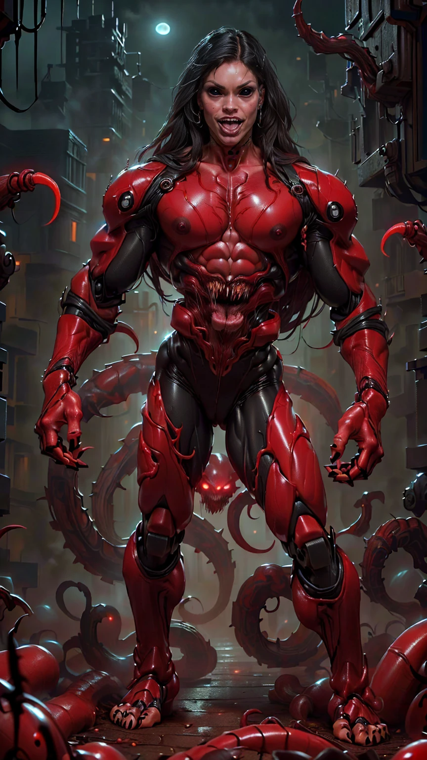 (((beautiful girl face))), (((megan fox as a beautiful vampiric girl with a muscular red carnage body))), (((red carnage anatomic muscular bio-mecha muscle suit))), (((body totally covered in muscles, veins, tendons))), (((perfect muscular anatomy))), (((wide shoulders and upper body))), (((slim waist))), (((long hair))), (((perfect hands:))), (((full body view)))