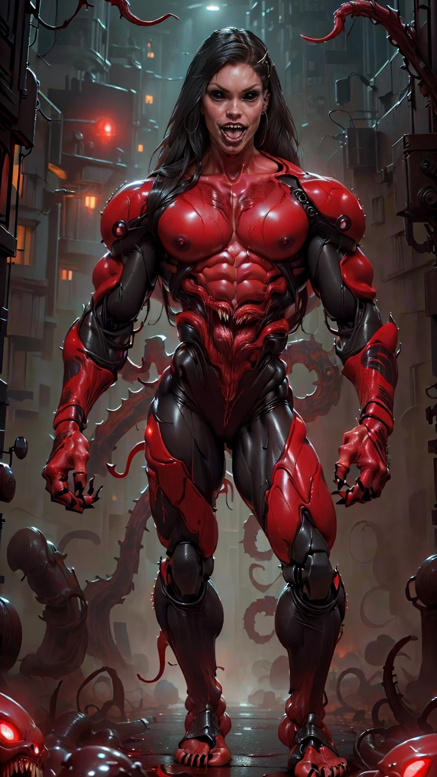 (((beautiful girl face))), (((megan fox as a beautiful vampiric girl with a muscular red carnage body))), (((red carnage anatomic muscular bio-mecha muscle suit))), (((body totally covered in muscles, veins, tendons))), (((perfect muscular anatomy))), (((wide shoulders and upper body))), (((slim waist))), (((long hair))), (((perfect hands:))), (((full body view)))