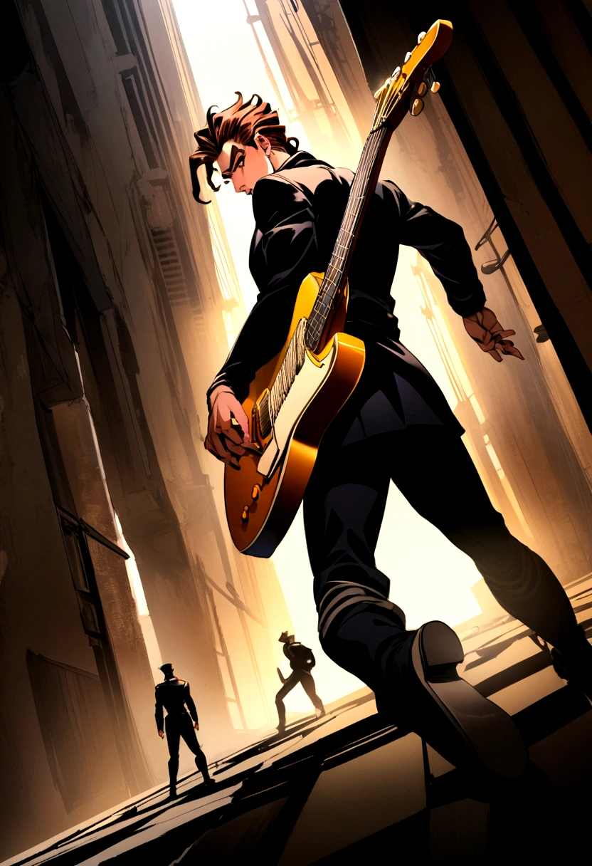 jojo's bizarre adventure boy with black clothes medium long brown hair and a guitar