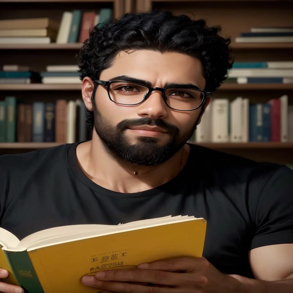 arafed homem negro de óculos reading a book in a library, um retrato de Rahul Kohli, Portrait in medium plane, man with glasses, book portrait, reading in the library, he is holding a big book, reading a book, Portrait photo, wearing black-rimmed glasses, wearing reading glasses, intense knowledge, jewish young man with glasses, reddit post, serious and focused look