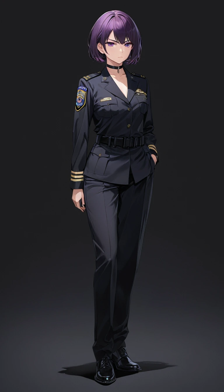 High-resolution anime digital art, Masterpiece, tomboy, mature, sexy, smart, short hair color pitch black, real detail eyes pupil purple, Wear Black FBI Uniforms, black chokers, Serious face, Full Body, Alone, (Black Backgrounds:1.1)