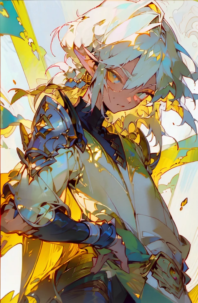 masterpiece, best quality, ultra high resolution, 1boy, elven armor, male, fantasy illustration, elf, pointy ears, older man, art by Kinema Citrus