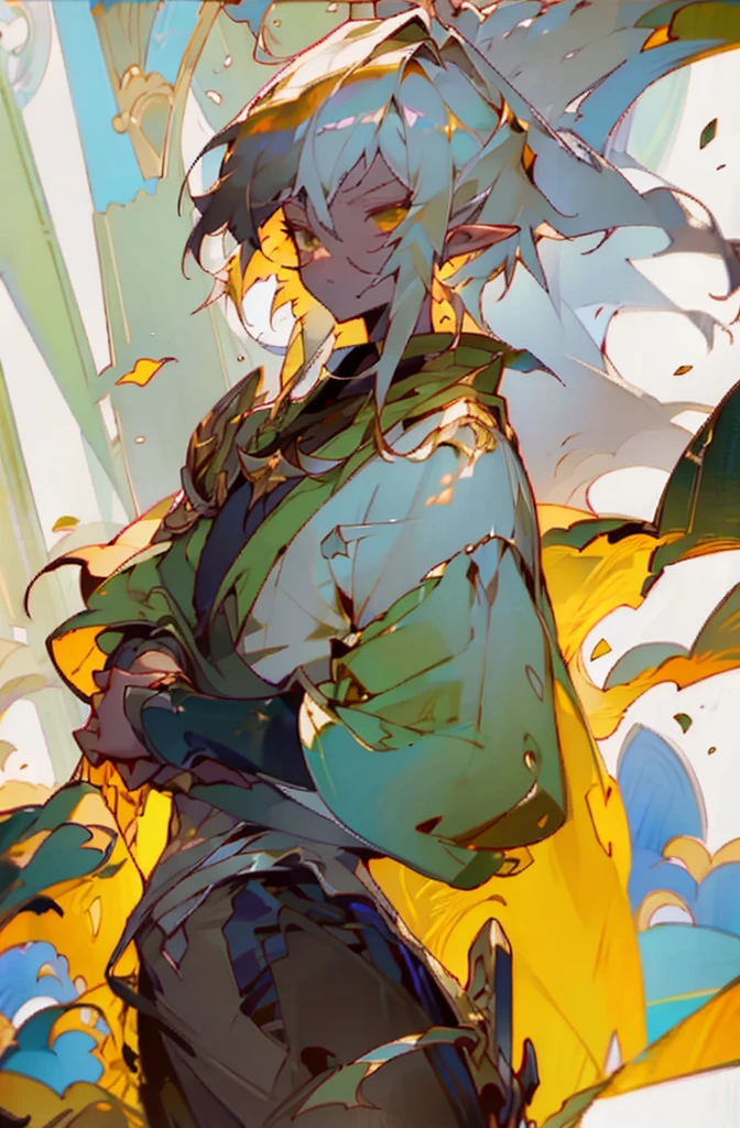 masterpiece, best quality, ultra high resolution, 1boy, elven armor, male, fantasy illustration, elf, pointy ears, older man, art by Kinema Citrus