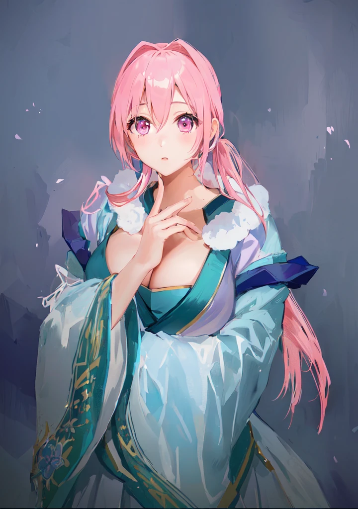 Pink Hair、Anime girl in blue dress poses for photo, Pink ponytail hair and pink eyes, Produced in collaboration with Anime Painter Studio, In the anime painter studio, Portrait of the Knights of the Zodiac, humanoid pink female squid girl, Sakura Haruno, pixiv 3dcg, 穿着漂亮裙子的cute动漫女孩, Pixiv competition winner, Digital Art on pixiv，Three Kingdoms。Three Kingdoms志，中Chinese style，Chinese style，antiquity，Three Kingdoms无双，，Huge breasts，Good shape，cute