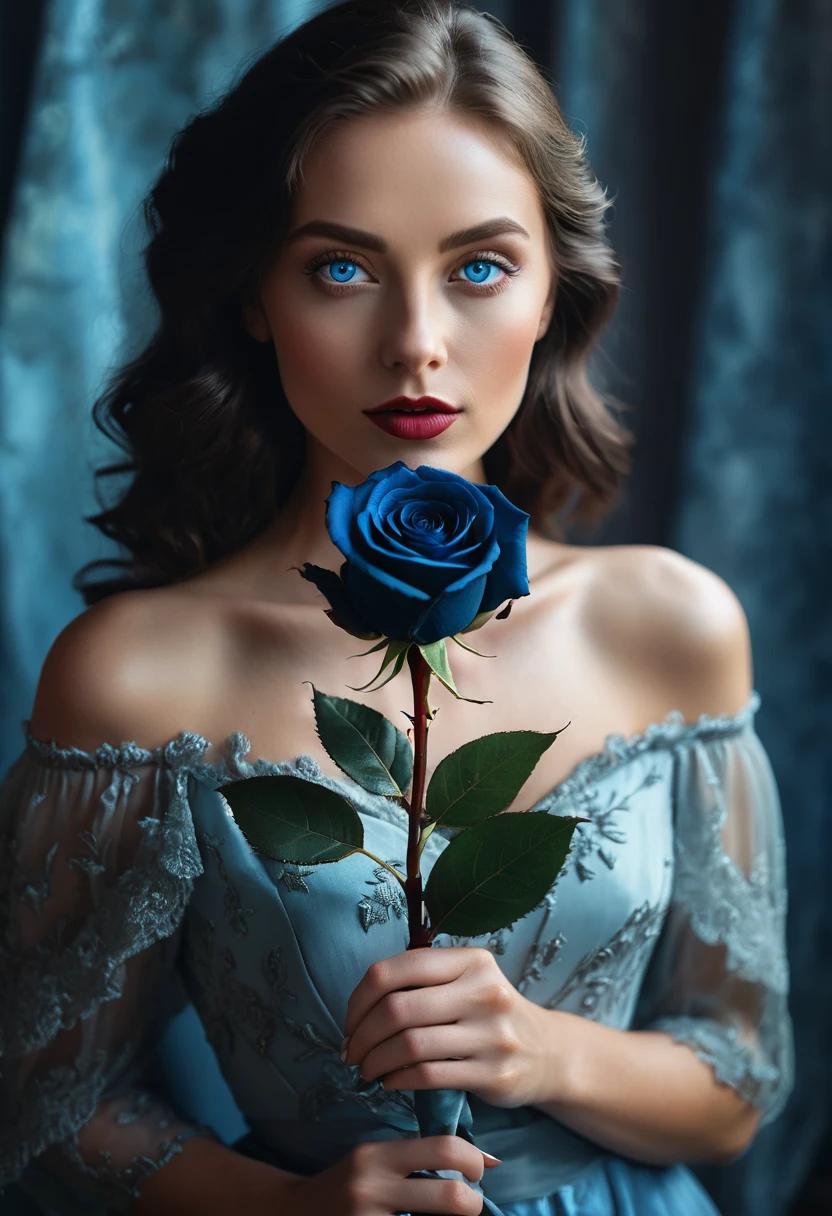 a woman with blue eyes, flawless skin, half body shot, holding a black rose, whimsical photography style, captured with an Arriflex 35BL camera using Canon K25 prime lenses, cinematic, dramatic lighting, ultra clear, breathtaking surreal masterpiece.