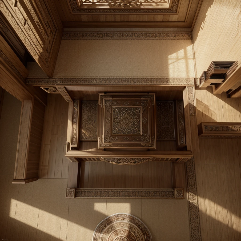 a highly detailed  interior house seen from above, intricate interior design, ornate furniture, realistic textures, warm lighting, photorealistic, 8k, masterpiece, soft focus, cinematic, oriental aesthetic, muted color palette, ambient occlusion, depth of field, natural sunlight, dust particles
