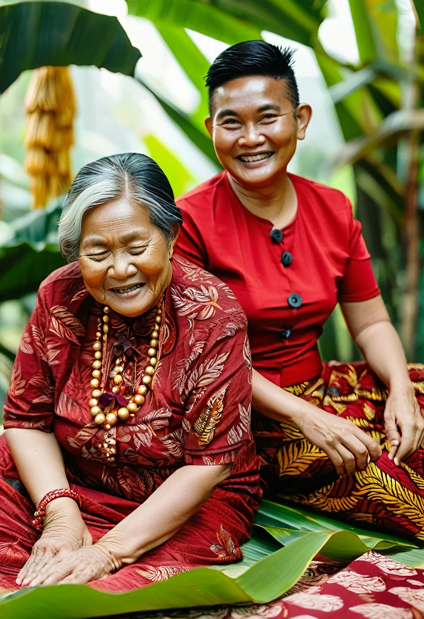 real picture of an Indonesian grandmother wearing a red kebaya and the cloth wrapped around it looks like a batik patterned skirt, standing on several banana leaves that are lying on the grandmother as if she is holding a slightly loose batik cloth (facial expression of satisfaction) next to the grandmother there is a young man lying wearing a white t-shirt, trousers with the pants button open (facial expression of fatigue)