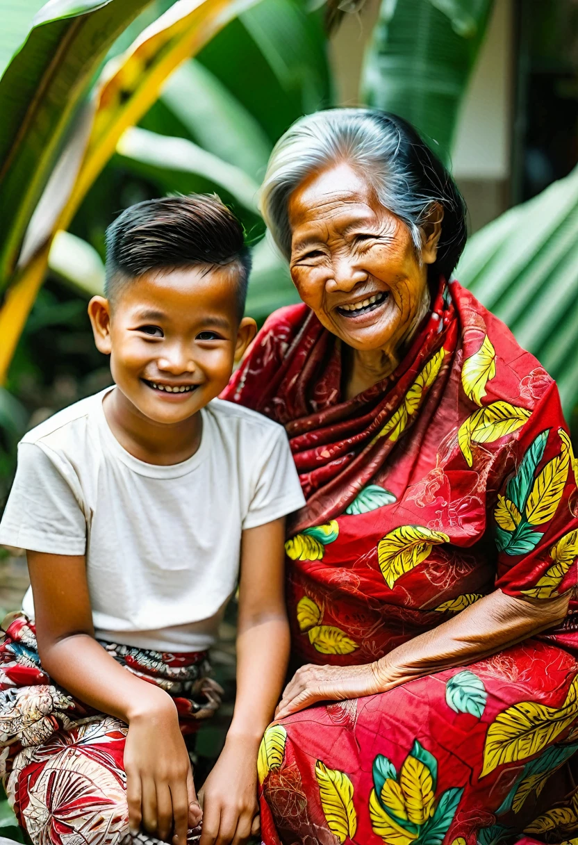 real picture of an Indonesian grandmother wearing a red kebaya and the cloth wrapped around it looks like a batik patterned skirt, standing on several banana leaves that are lying on the grandmother as if she is holding a slightly loose batik cloth (facial expression of satisfaction) next to the grandmother there is a young man lying wearing a white t-shirt, trousers with the pants button open (facial expression of fatigue)