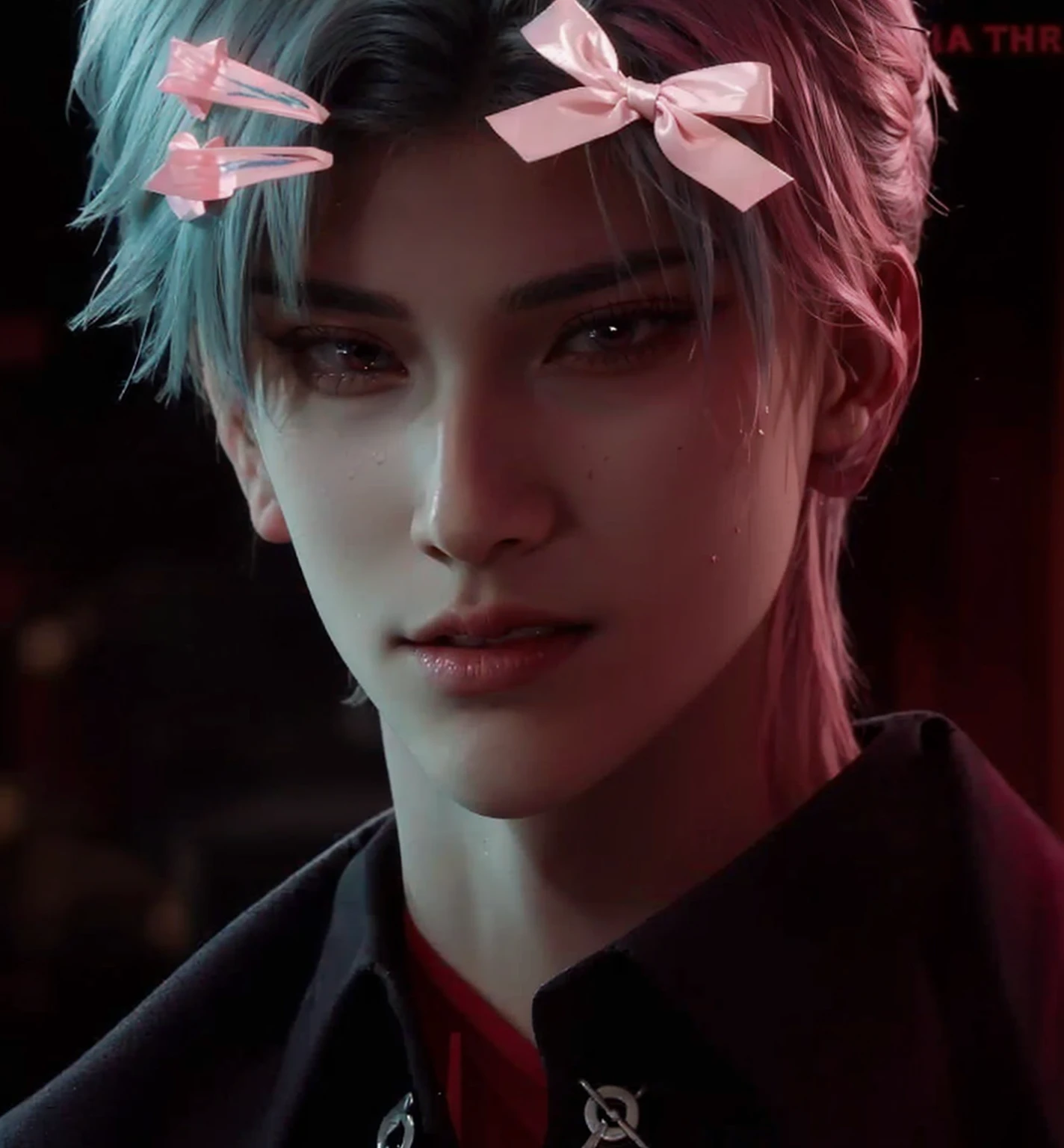 Handsome boy, white hair, red eyes, pink hairpin and pink ribbon on his hair, wearing black clothe