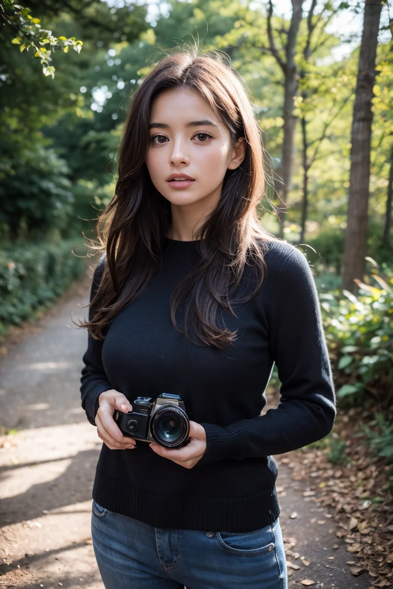 Jeune femme de 25ans, cheveux brun foncé attaché, tein de peau bronsé, yeux magnifique marrons, regard sensuelle et percant, gros seins. Photographie hyper réaliste, mise au point net du visage, arrière plan flou réel nature, réalisme, grain de film, Sony A7rIII objectif 30mm RAW f1.8 ouverture, très détaillée, couleurs HDR ultra 4k