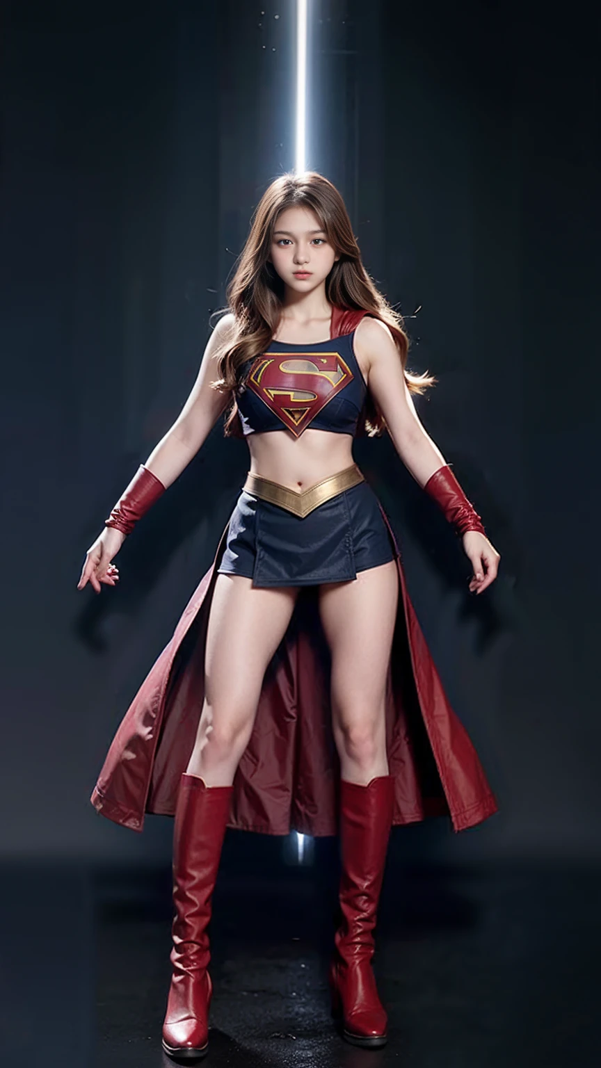 (high quality, best quality:1.4), 1girl, pale skin, (teenage, teenager, teen, young), long hair, bangs, (huge breasts:1.4), sagging breasts, superhero, super girl, SMF, cloak, dynamic pose, fighting pose, (full body), simple background
