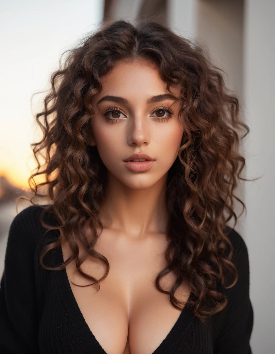 (best quality,4k,highres, highres face details), brown long curly hair, wearing a black crop top,18 years old, instagram model, 36DD natural breast, fake lashes, fake lips, dark makeup, perfect skin, tan skin, she is skinny, she is caucasian, golden hour, huge natural breast 36DD, posing, sexy, sensual vibes, whole body image, from head to toes
