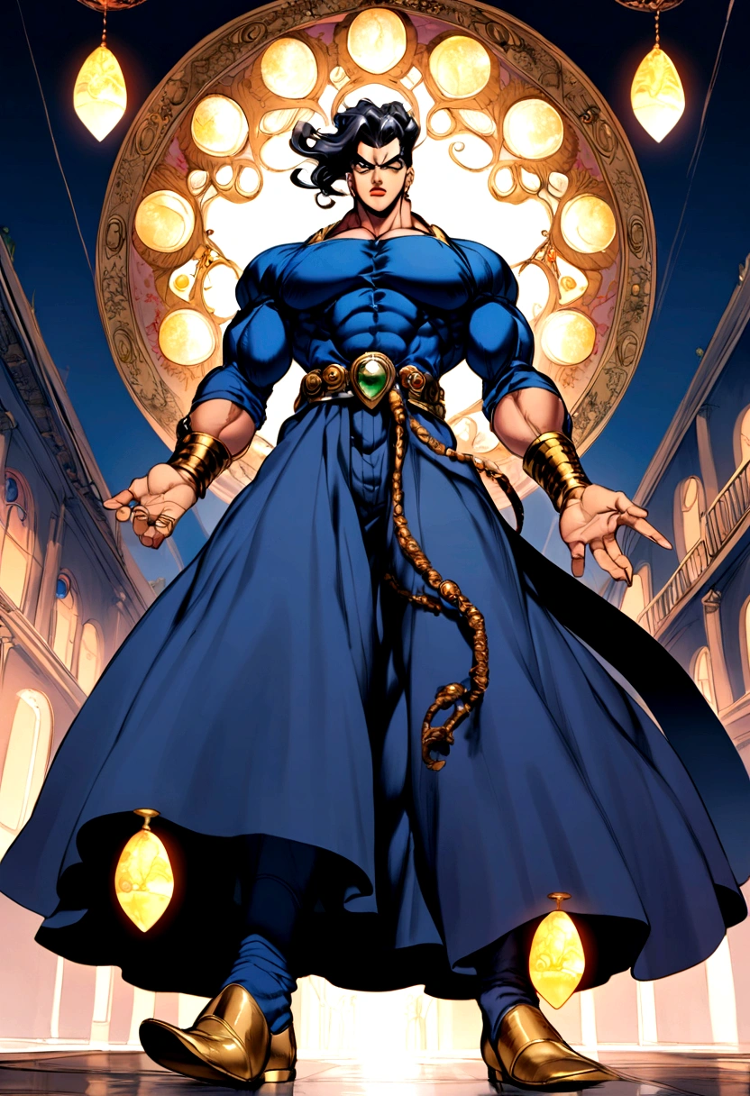 jojo's bizarre adventure muscular boy short black hair very baggy blue clothes