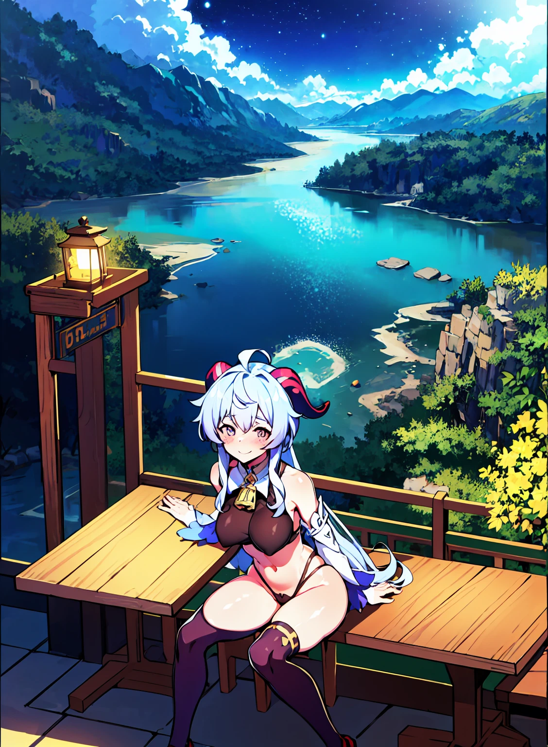 Very detailed,Pieces fly, Highest quality, Anime Images, Anime style etc.., Hired \(Genshin Impact\), Sit at the table, View from above, smile, 1 Girl, Twin Horn, ticker,Fits your body type, I can see the pussy , blush, Colorful pastel fantasy,Sexy pose,Very detailed background,Nice views,Beautiful and beautiful scenery,((Very detailed landscape)),Incredibly high quality,Night Sky