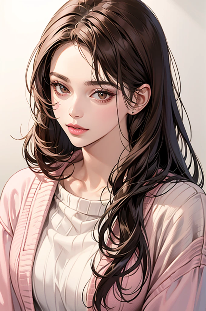 Girl, long straight brown hair, brown eyes, sharp features, white skin, pink lips, perfect, sweater
