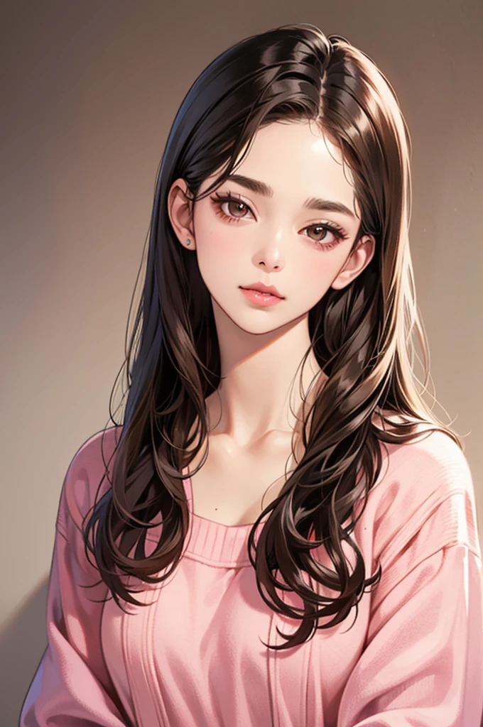 Girl, long straight brown hair, brown eyes, sharp features, white skin, pink lips, perfect, sweater