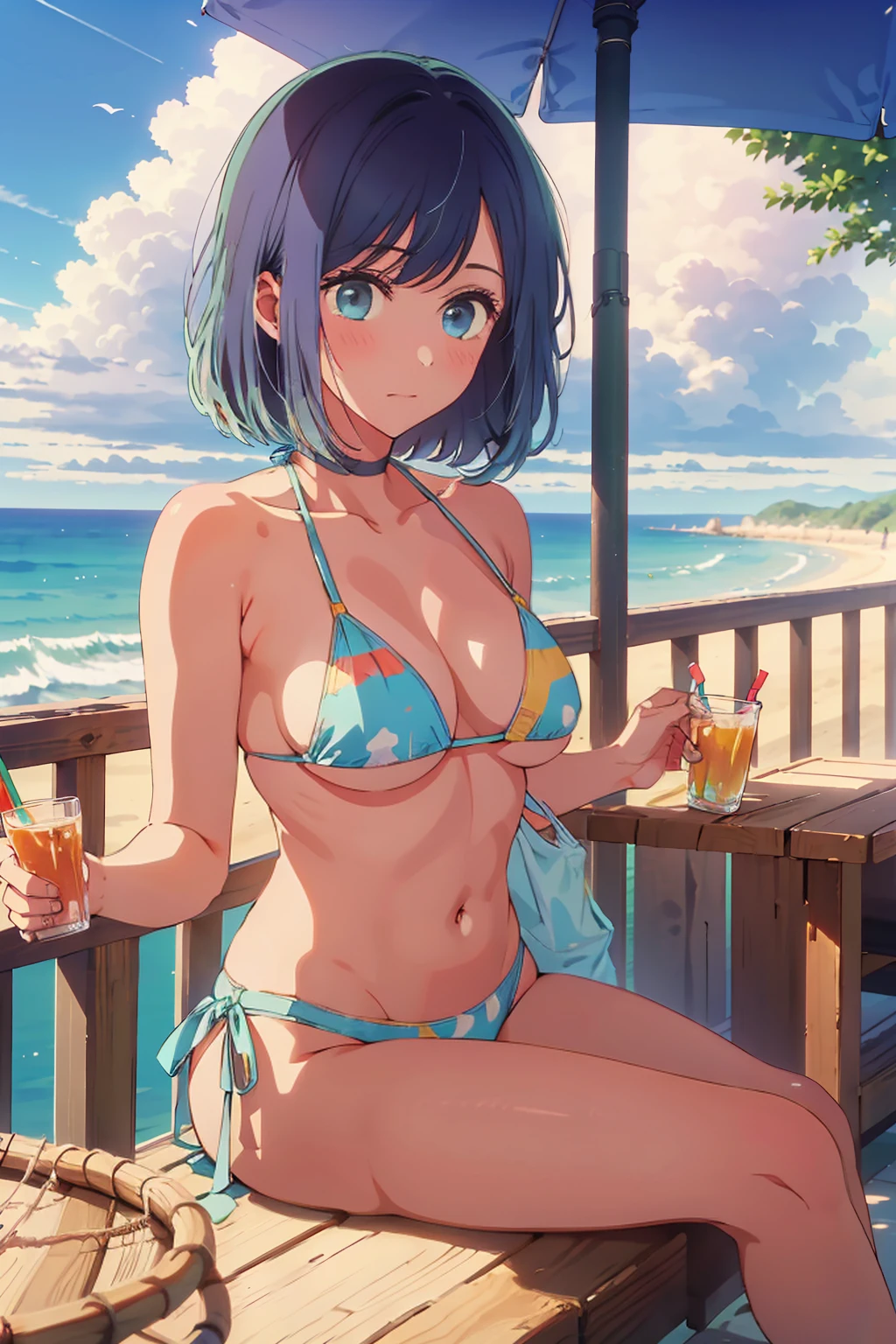 (Highest quality:1.4、masterpiece:1.uper detailed:1.4、8K:1.4)、((((1 person、Surprised expression、sit、Outdoor café terrace、coastal、juice、table、Sandy Beach、juiceのグラスを持つ、Plain Bikini、Very soft boog eyes、Very cute face))))、F cup bust、Medium breast、Uob、Sideboob