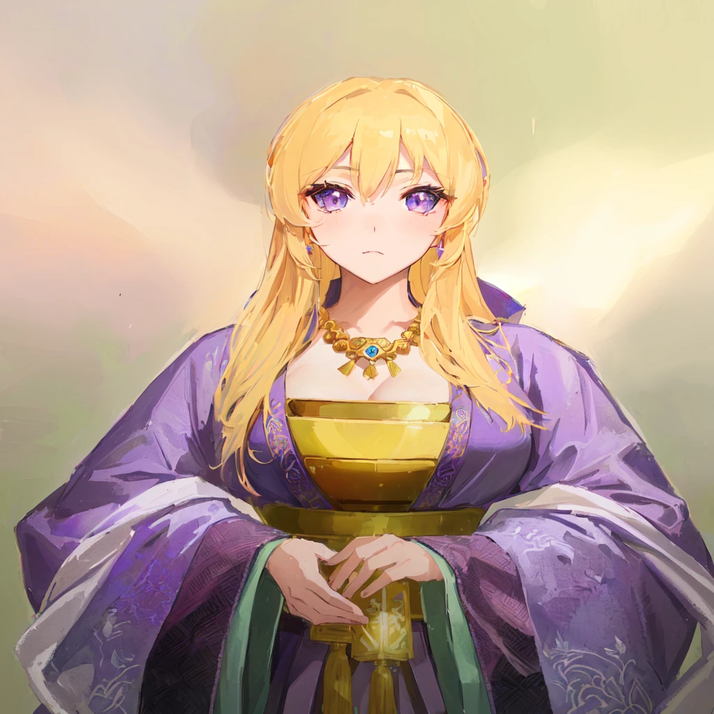 Wearing a purple robe、Cartoon image of a woman holding a bowl, ((Beautiful fantasy queen)), Produced in collaboration with Anime Painter Studio, Anime Goddess, Artoria Pendragon, Portrait of the Knights of the Zodiac, elfic priestess, ((Wearing noble robes)), Anime style like fate/overnight, Beautiful fantasy queen, In the anime painter studio,Three Kingdoms,Three Kingdoms志,Chinese style,antiquity,Hanfu,,Huge Breasts,Good shape,Royal sister,Purple Eyes