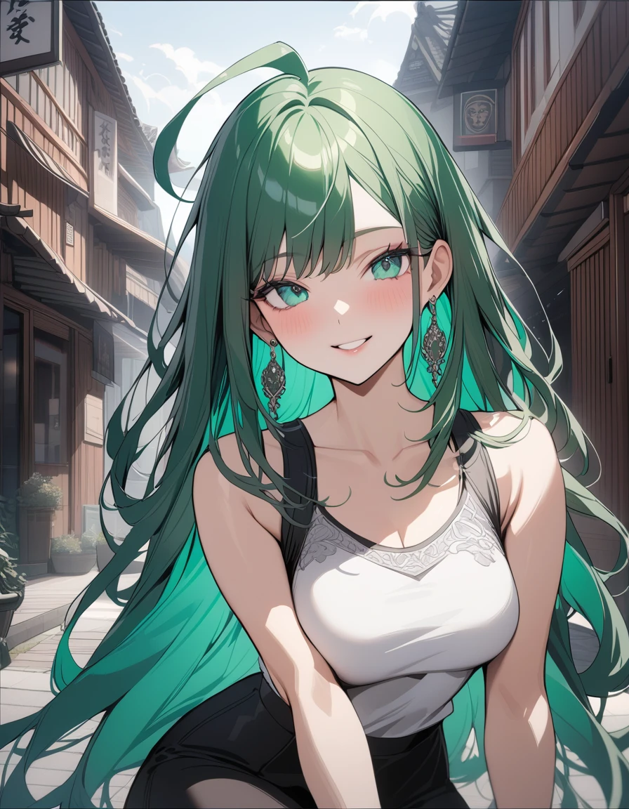(Highest quality:1.2, three-dimensional, High Detail, masterpiece:1.2, Best aesthetics), (1 girl), Beautiful woman, Beautiful detailed eyes, Beautiful detailed lips, Highly detailed face, Delicate depiction of hair and eyes, Detailed Fashion, (detailed background:1.2) ((Portraiture, Cowboy Shot)), Aqua Eye, huge ahoge, Mouth open, Earrings, View your viewers, breasts, upper body, full body from knees to head, gaze away, gaze into the distance, smile lightly, fancy nails, in Sibuya city, bracelet, long hair, color inner hair, dark green hair, white tight tank-top, black slacks