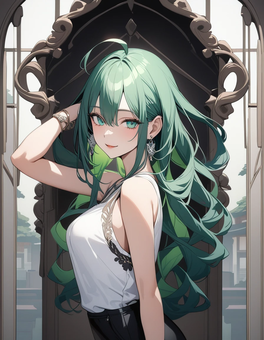 (Highest quality:1.2, three-dimensional, High Detail, masterpiece:1.2, Best aesthetics), (1 girl), Beautiful woman, Beautiful detailed eyes, Beautiful detailed lips, Highly detailed face, Delicate depiction of hair and eyes, Detailed Fashion, (detailed background:1.2) ((Portraiture, Cowboy Shot)), Aqua Eye, huge ahoge, Mouth open, Earrings, View your viewers, breasts, upper body, full body from knees to head, gaze away, gaze into the distance, smile lightly, fancy nails, in Sibuya city, bracelet, long hair, color inner hair, dark green hair, white tight tank-top, black slacks