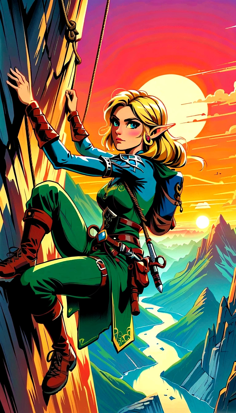 (best quality，8K，Ultra-high resolution，masterpiece)，very good，illustration，Princess Zelda，blonde，Blue Eyes，Green clothes，Rock climbing action，Steep，rope，Mountaineering，rock