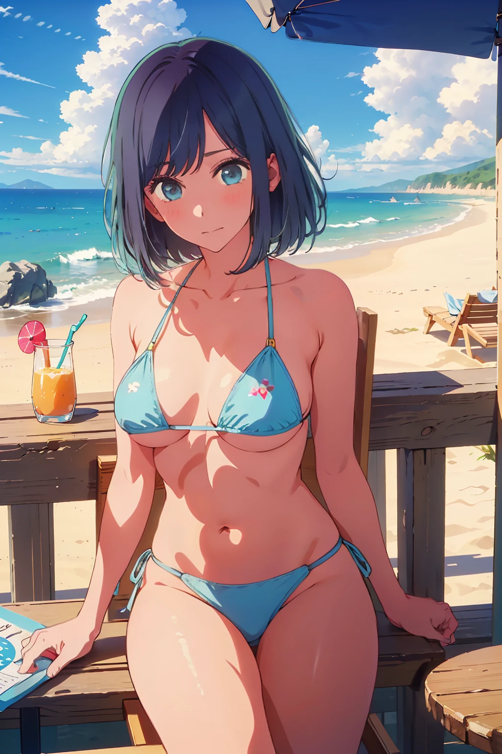 (Highest quality:1.4、masterpiece:1.4、Super detailed:1.4、8K:1.4)、((((1 person、Surprised expression、sit、Outdoor café terrace、coastal、juice、table、Sandy Beach、juiceのグラスを持つ、Plain Bikini、Very soft boobs、Big eyes、Very cute face))))、F cup bust、Medium breast、Underboob