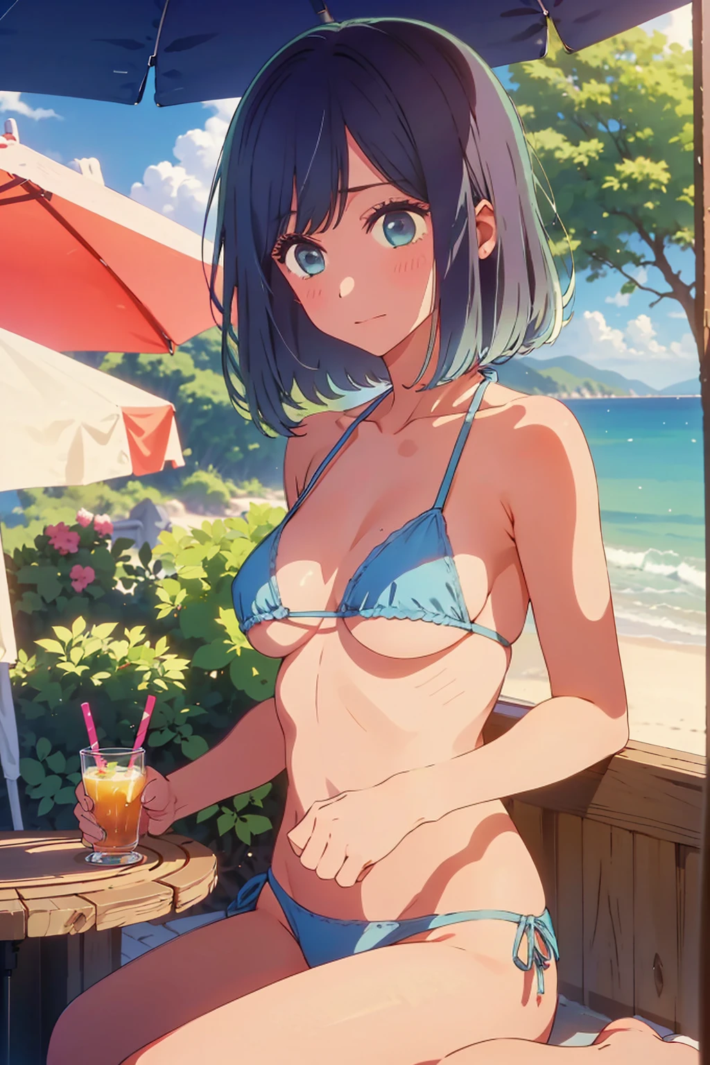(Highest quality:1.4、masterpiece:1.uper detailed:1.4、8K:1.4)、((((1 person、Surprised expression、sit、Outdoor café terrace、coastal、juice、table、Sandy Beach、juiceのグラスを持つ、Plain Bikini、Very soft boog eyes、Very cute face))))、F cup bust、Medium breast、Uob