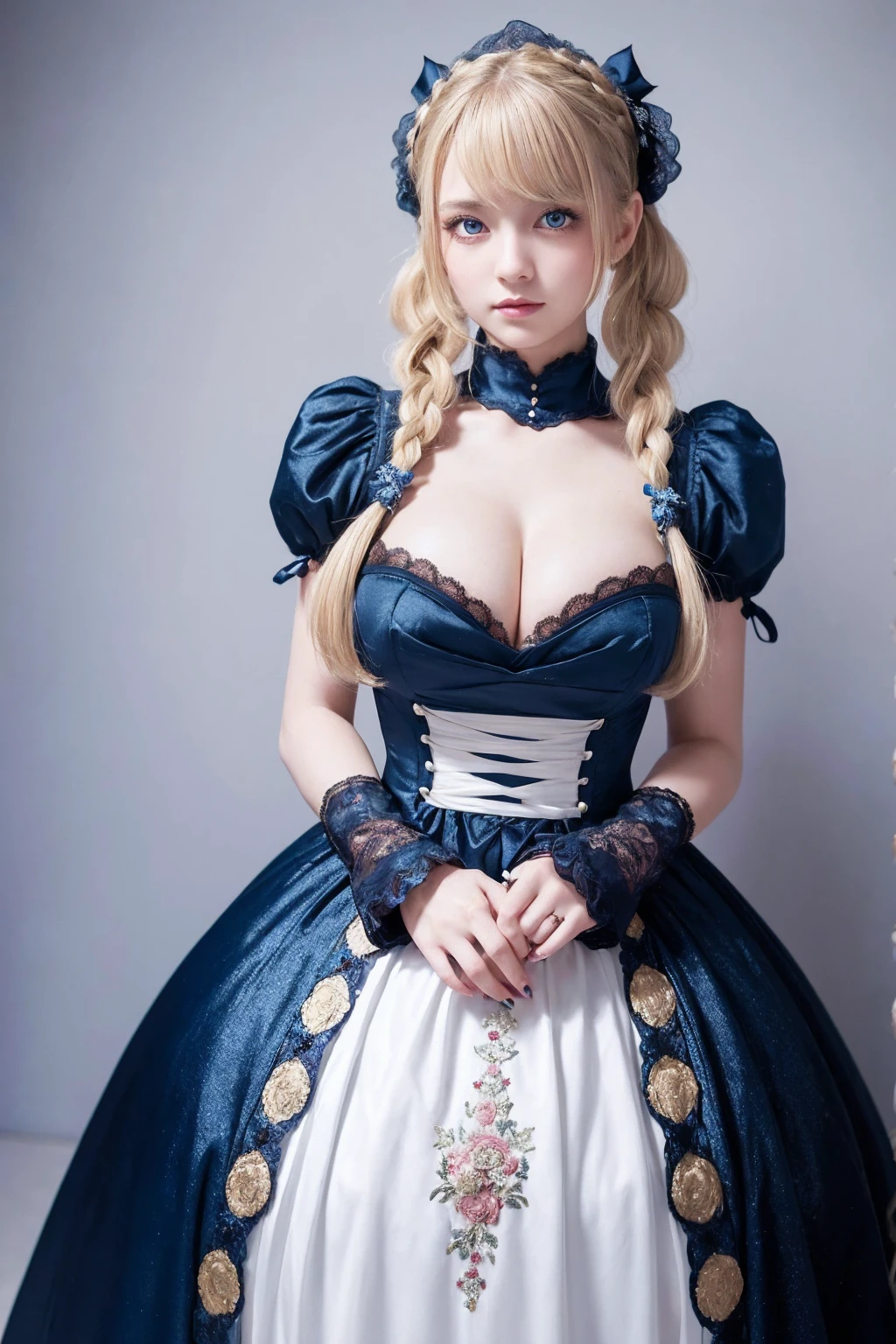 A stunning 32k or 128k resolution studio shot of a beautiful young woman with enormous breasts, piercing blue eyes, and twintails blonde hair styled in a whimsical blend of Ainu traditional attire and Gothic ta fashion. She stands confidently against a plain white background, illuminated by softbox studio lighting that accentuates the intricate embroidery, lace, and Victorian-inspired elements on her floor-length shiny ball gown. Her upper body is the focal point, with a subtle indentation on her chest showcasing her impressive décolletage. Her calm and alluring facial expression invites the viewer to gaze deeper into her captivating blue eyes, which seem to sparkle in the light.