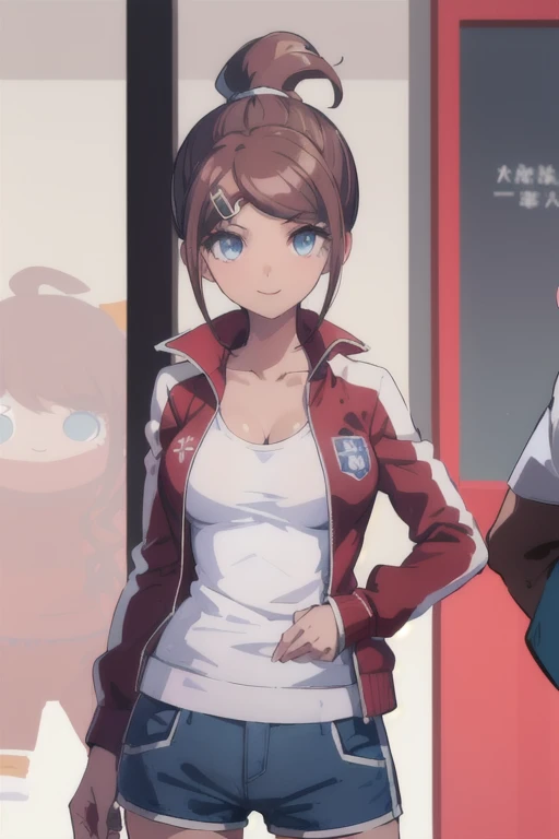 masterpiece,High resolution,8K,Detailed anatomy (****************,Danganronpa,Aoi Asahina,Aoi Asahina,Brown skin,Brown Hair,ponytail,Barrette,Big blue eyes,Glamour）（Blue shorts,White tank top,red open jacket,Long sleeve）smile,Standing posture