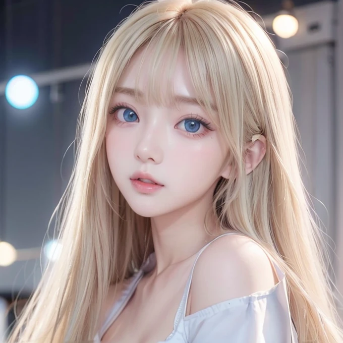 Golden shiny hair、Super long straight silky hair、Dazzling blonde super long silky hair、20 years old cute little beautiful face、A beautiful girl、Sparkling blonde dancing in front of a pretty face、Long, silky bangs that cover the space between the eyes、Very beautiful, bright, large, light blue eyes、Very big eyes、Hair that hides the face、Sexy pretty young woman with super long bangs、Very white skin、Cheek gloss highlighter、Small Face Beauty、Round face、Cute Shirts、Ample Bust Pink Small Nipples