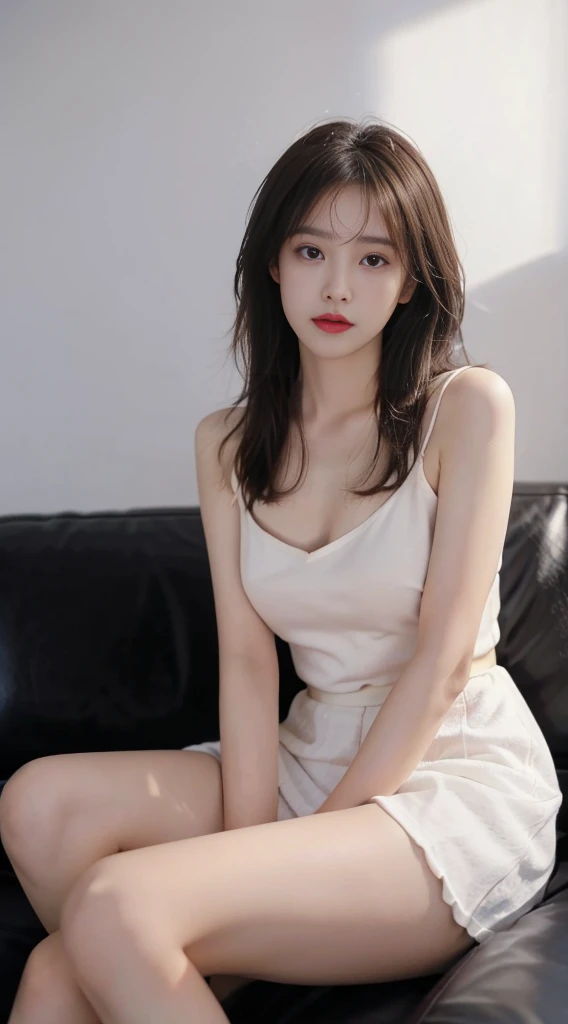 Masterpiece, Ultra-realistic quality, (1 girl), (Young woman), Chinese girl, (Mature face), face clean, Realistic face, (Perfect face), Delicate face, Fair skin, sitting in the couch, Long legs, (curly), Short hair, Brown hair, with hands resting on knees, Sling, No bra, (average breasts) ,( exposed), No panties, (( Minola)),(has cleavage), Mini dress, (White skirt) HD quality, Realistic picture quality, Real Human, Long legs, Ultra HD rendering, Accurate, Textured skin, High detail, High quality, Very detailed, high resolution, 8K, Photo, Photography, ridiculous